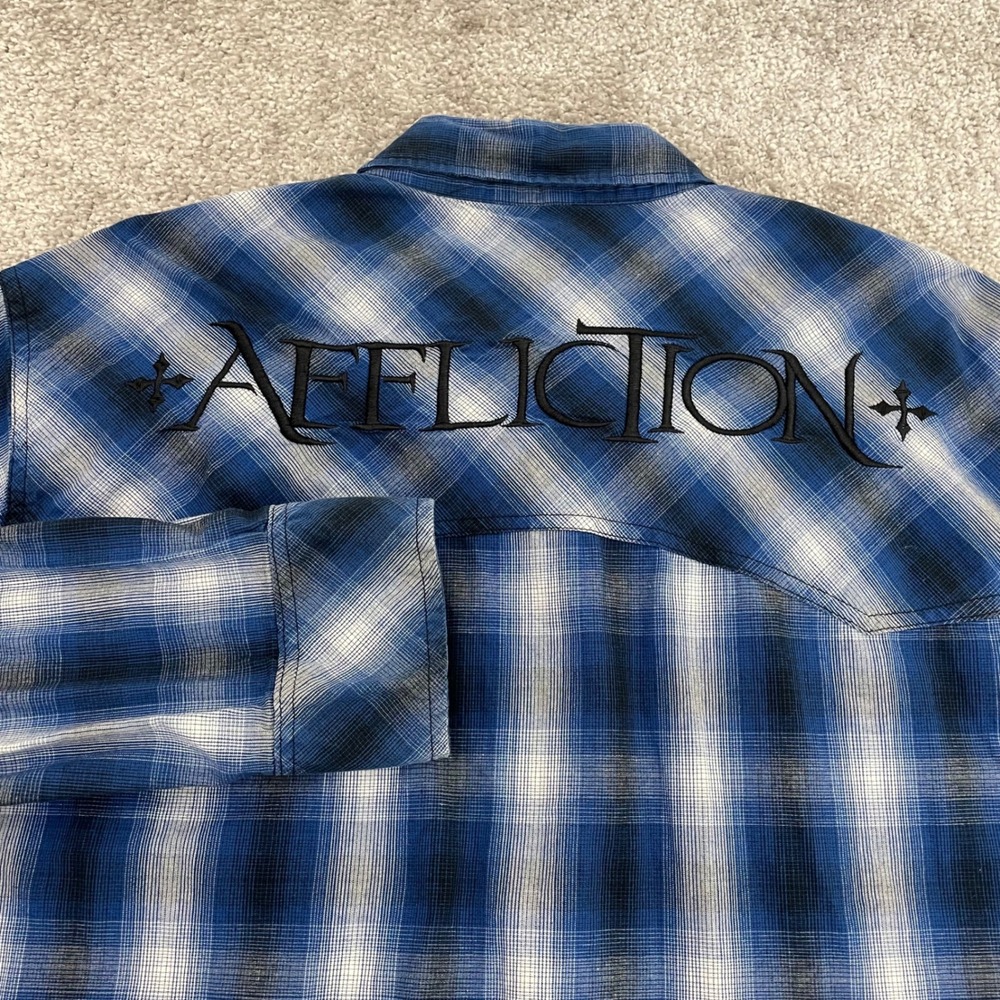 Affliction Shirt Mens Large Black Premium Y2K Spell Out Plaid Button Up